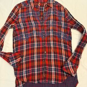 Free People Red and Navy Plaid Button-Up Blouse